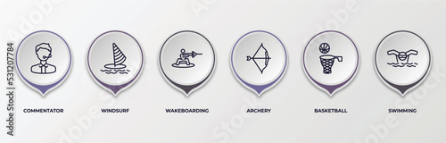 infographic template with outline icons. infographic for sport concept. included commentator, windsurf, wakeboarding, archery, basketball, swimming editable vector.