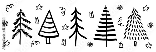 Hand drawn Christmas tree set  doodle black vectors collection  linear style symbols collection