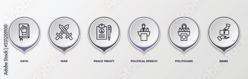 infographic template with outline icons. infographic for political concept. included oath, war, peace treaty, political speech, politicians, bribe editable vector.