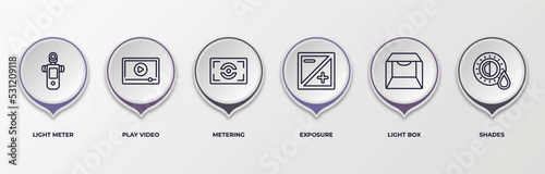 infographic template with outline icons. infographic for photography concept. included light meter, play video, metering, exposure, light box, shades editable vector.
