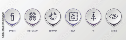 infographic template with outline icons. infographic for photography concept. included carging, high quality, contrast, blur, tr, red eye editable vector.
