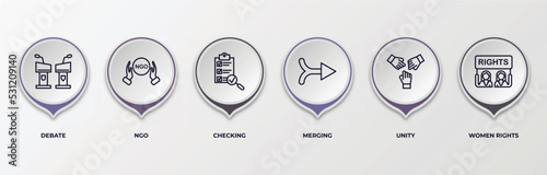 infographic template with outline icons. infographic for political concept. included debate, ngo, checking, merging, unity, women rights editable vector.