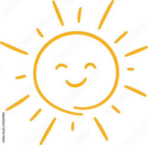 Doodle childish sun icon. Scribble yellow sun with rays and smile symbol. Doodle funny children drawing. Hand drawn burst. Hot weather sign. Vector illustration isolated on white background.