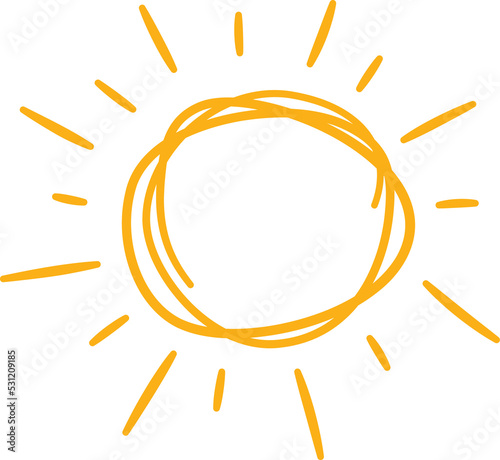 Doodle childish sun icon. Scribble yellow sun with rays symbol. Doodle children drawing. Hand drawn burst. Hot weather sign. Vector illustration isolated on white background.