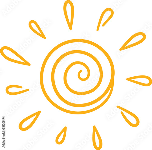 Doodle childish sun icon. Scribble yellow sun with rays symbol. Doodle children drawing. Hand drawn burst. Hot weather sign. Vector illustration isolated on white background.