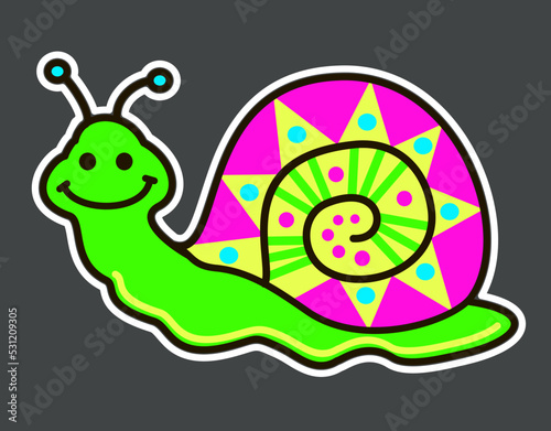 Cheerful snail. Psychedelic hippy sticker. Neon cartoon psychedelic hippy sticker. Hallucination element. Vector illustration