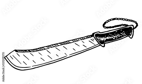 Vector sketch Machete Knife. Hand drawn vector Illustration. Isolated on white background, top view