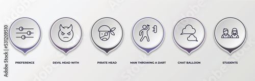 infographic template with outline icons. infographic for people concept. included preference, devil head with horns, pirate head, man throwing a dart, chat balloon, students editable vector.
