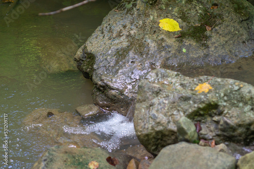 Big mossy stones in the rivers bed close-up