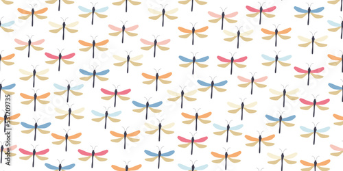 Seamless baby dragonfly pattern in pastel colors. Great for printing on fabric and paper.