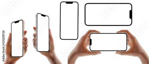 hands holding iphone 14 and iphone 14 plus blank screen PNG