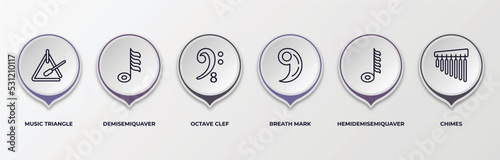 infographic template with outline icons. infographic for music and media concept. included music triangle, demisemiquaver, octave clef, breath mark, hemidemisemiquaver, chimes editable vector.