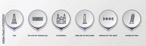 infographic template with outline icons. infographic for monuments concept. included the, palace of versailles, cathedral, obelisk of bue aires, bridge of the west, tower pisa editable vector.