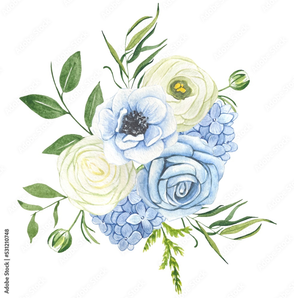 Fototapeta premium Floral arrangement with blue and white flowers and green leaves on a white background, watercolor