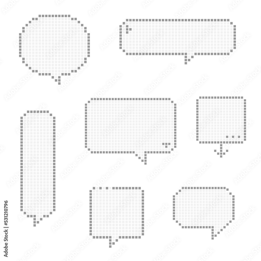 collection set of retro game 8 bit line pixel speech bubble balloon black and white color, flat design vector illustration
