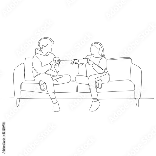 Continuous line drawing of two people relaxing on the sofa with a cup of coffee