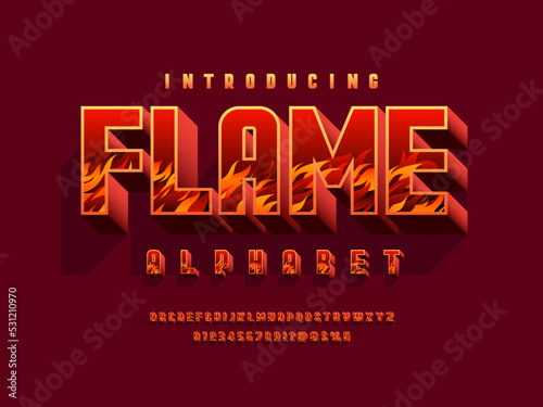 fire style alphabet design with uppercase, numbers and symbols