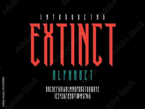 Modern gothic style alphabet design with uppercase, numbers and symbols