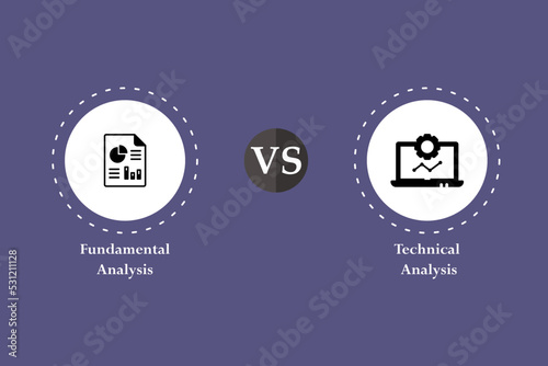 Visual representation of Fundamental analysis and technical Analysis with Icons in an Infographic template with icons and description