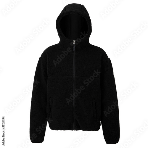 Black fleece jackets with a zipper. Unisex style isolated on white background..Fashionable black wool hoodie coat.