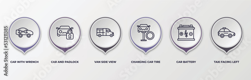 infographic template with outline icons. infographic for mechanicons concept. included car with wrench, car and padlock, van side view, changing car tire, battery, taxi facing left editable vector.