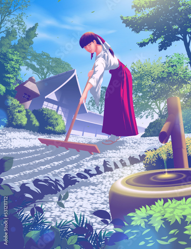 a young female worker in the temple is raking the gravel in a zen garden