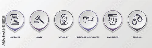 infographic template with outline icons. infographic for law and justice concept. included law paper, gavel, attorney, electroshock weapon, civil rights, criminal editable vector.