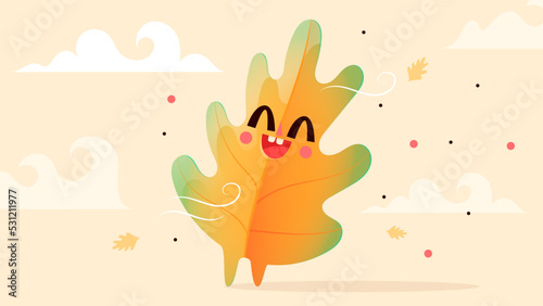 Petite feuille orange en automne, personnage enfant de dessin animé, grand sourire et bonheur de sentir le vent, illustration fond d'écran, mignon et doux