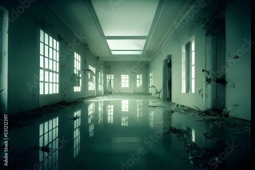 A ruined asylum, spooky and haunted. 