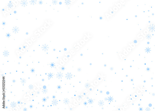 Snowflakes. Snow, snowfall. Falling scattered blue snowflakes on a white background. Vector