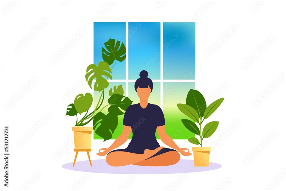 Fototapeta premium Concept woman practicing yoga and meditation on home. The girl sits in the lotus position, the thought process, the inception and the search for ideas. Time management. Vector.