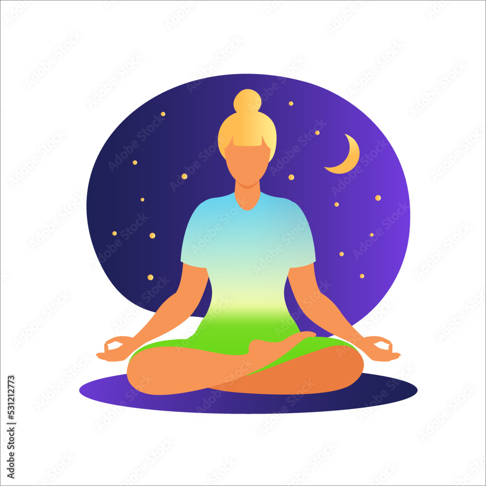 Woman meditating on nature background. Meditation concept. Woman sitting in lotus position practicing meditation. Vector illustration in flat style.