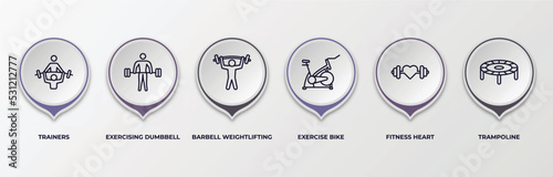 infographic template with outline icons. infographic for gym and fitness concept. included trainers, exercising dumbbell, barbell weightlifting, exercise bike, fitness heart, trampoline editable