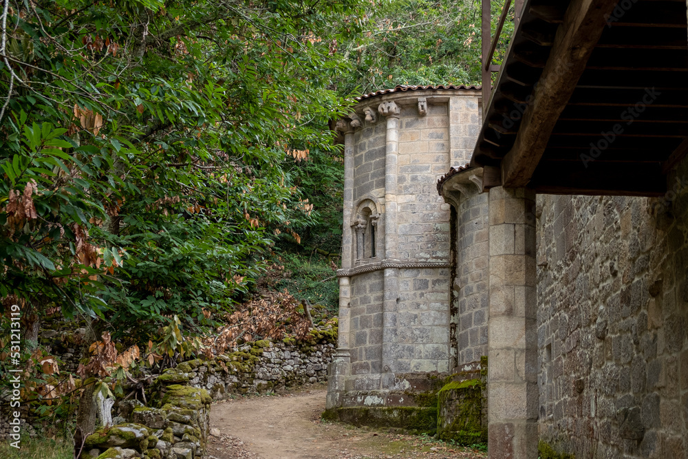 Church of the medieval Romanesque monastery of Santa Cristina de Ribas de Sil. Ribeira Sacra, World Heritage Site in Galicia, Spain