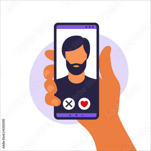 Dating app. Mobile dating app for finding new friends, hook-ups and romantic partners. Illustration of human hand holding smartphone with foto man. Vector illustration in flat.