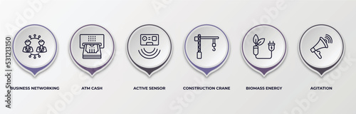 infographic template with outline icons. infographic for general concept. included business networking, atm cash, active sensor, construction crane, biomass energy, agitation editable vector.