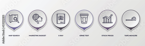 infographic template with outline icons. infographic for general concept. included map search, marketing budget, x-ray, urine test, stock prices, tape measure editable vector.