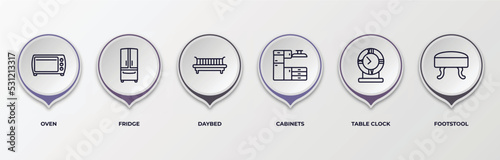 infographic template with outline icons. infographic for furniture & household concept. included oven, fridge, daybed, cabinets, table clock, footstool editable vector.