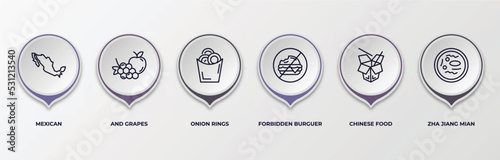 infographic template with outline icons. infographic for food concept. included mexican, and grapes, onion rings, forbidden burguer, chinese food, zha jiang mian editable vector.