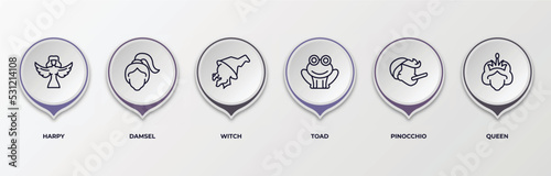 infographic template with outline icons. infographic for fairy tale concept. included harpy, damsel, witch, toad, pinocchio, queen editable vector.