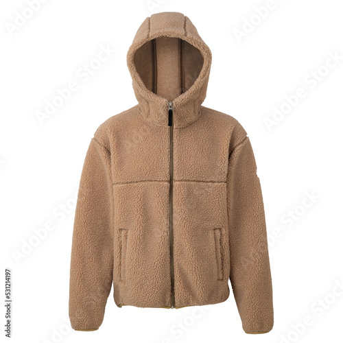 Beige fleece jackets with a zipper. Unisex style isolated on white background..Fashionable beige wool hoodie coat.