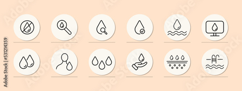 Water drops set icon. Clean, drink, rain, scin care, beverage, save the water, swimming pool, ecology, humidification. Nature concept. Pastel color background. Vector line icon for Business
