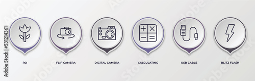 infographic template with outline icons. infographic for electronic stuff fill concept. included ro, flip camera, digital camera, calculating, usb cable, blitz flash editable vector.