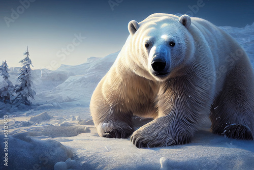 A white bear on snow in a frosty forest scene. A polar bear on snow in an Antarctic ecosystem. An image of wildlife in nature and animal behavior in the forest. 3D illustration and digital painting. © bennymarty
