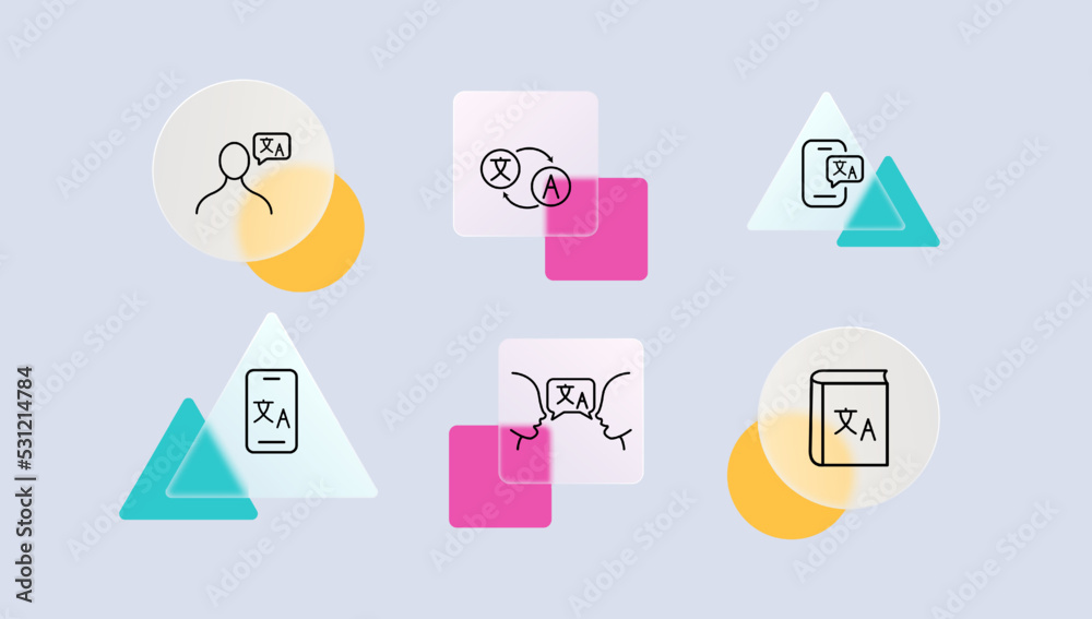 Translator set icon. Translation service, speech bubble, website window, different languages, interpreter, app, polyglot. Languages concept. Glassmorphism style. Vector line icon for Business Translator set icon. Translation service, speech bubble, website window, different languages, interpreter, app, polyglot. Languages concept. Glassmorphism style. Vector line icon for Business