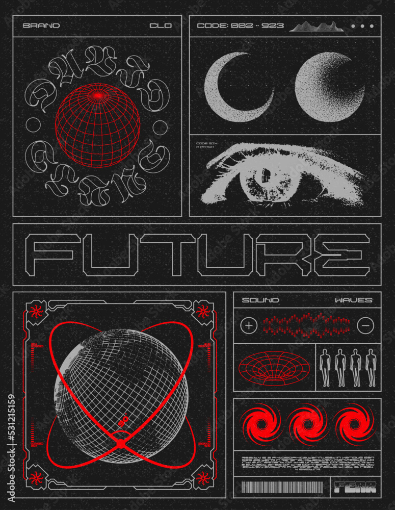 Retro futuristic poster of the future, with wireframes of 3D spheres