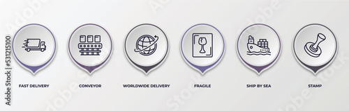 infographic template with outline icons. infographic for delivery and logistic concept. included fast delivery, conveyor, worldwide delivery, fragile, ship by sea, stamp editable vector.