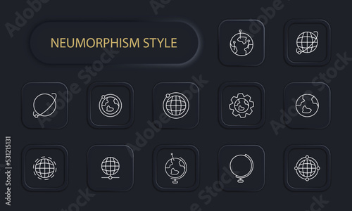 World set icon. Globe, pointer, orbit, axis, equator earth, tourism, sphere, geolocation, cosmos, universe. Topography concept. Neomorphism style. Vector line icon for Business and Advertising