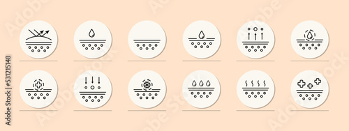 Skin protection set icon. Moisturizing, hand cream, mask for face, acne treatment, antiseptic, seasonal allergies, moisture. Scin care concept. Pastel color background. Vector line icon for Business