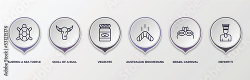 infographic template with outline icons. infographic for culture concept. included surfing a sea turtle, skull of a bull, vegemite, australian boomerang, brazil carnival mask, nefertiti editable